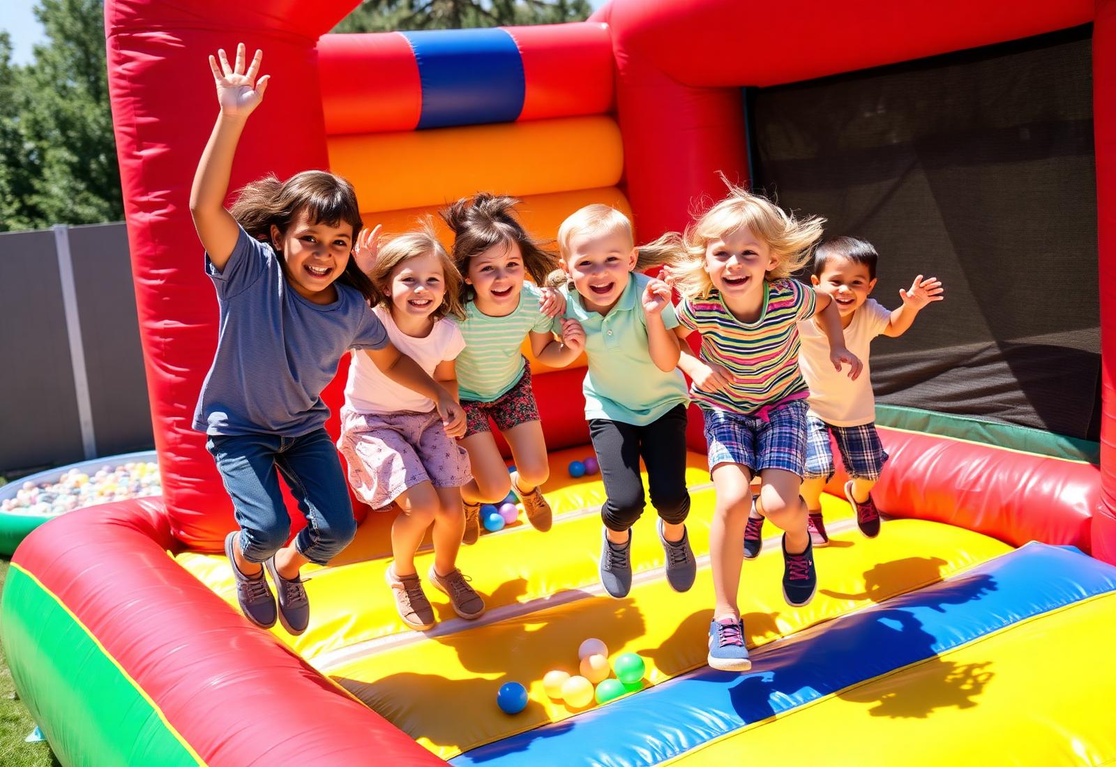 Crianças felizes pulando em um brinquedo inflável colorido em festa infantil
